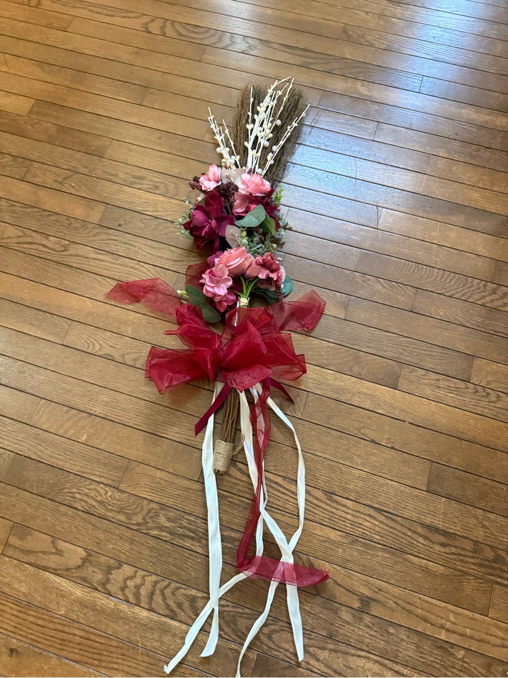 Decorative burgundy and blush  wedding broom